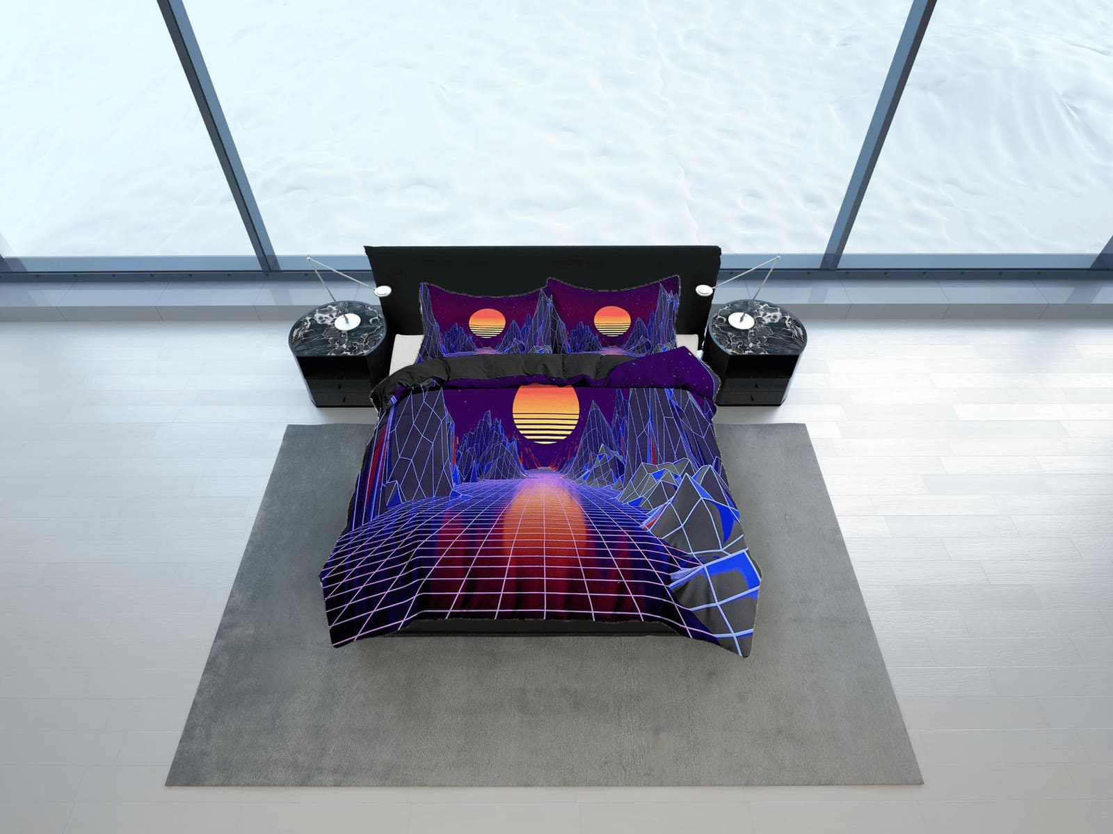 Dark Colored Vaporwave Bedding with Mountains and Sunset, Cool Hippie Duvet Cover Set for Boys Bedroom, Trippy Psychedelic…