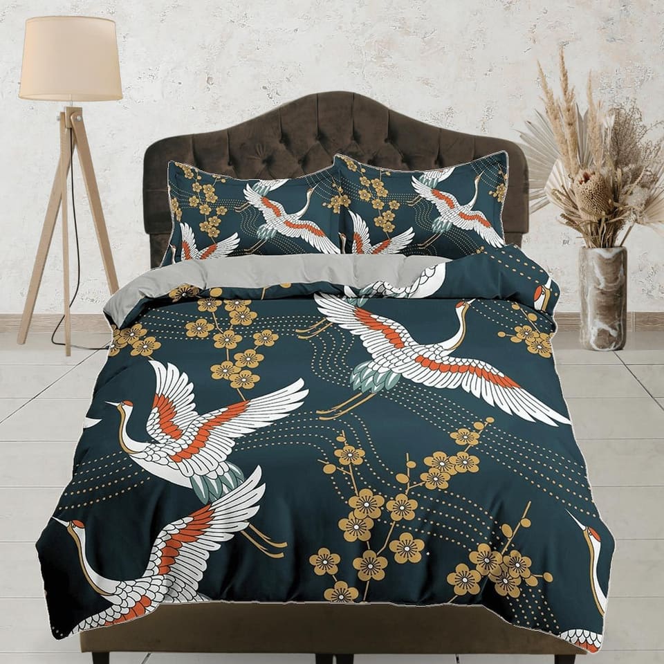 Dark green oriental bedding set cover, crane bird and cherry blossom floral prints on Japanese style duvet cover, king, qu…