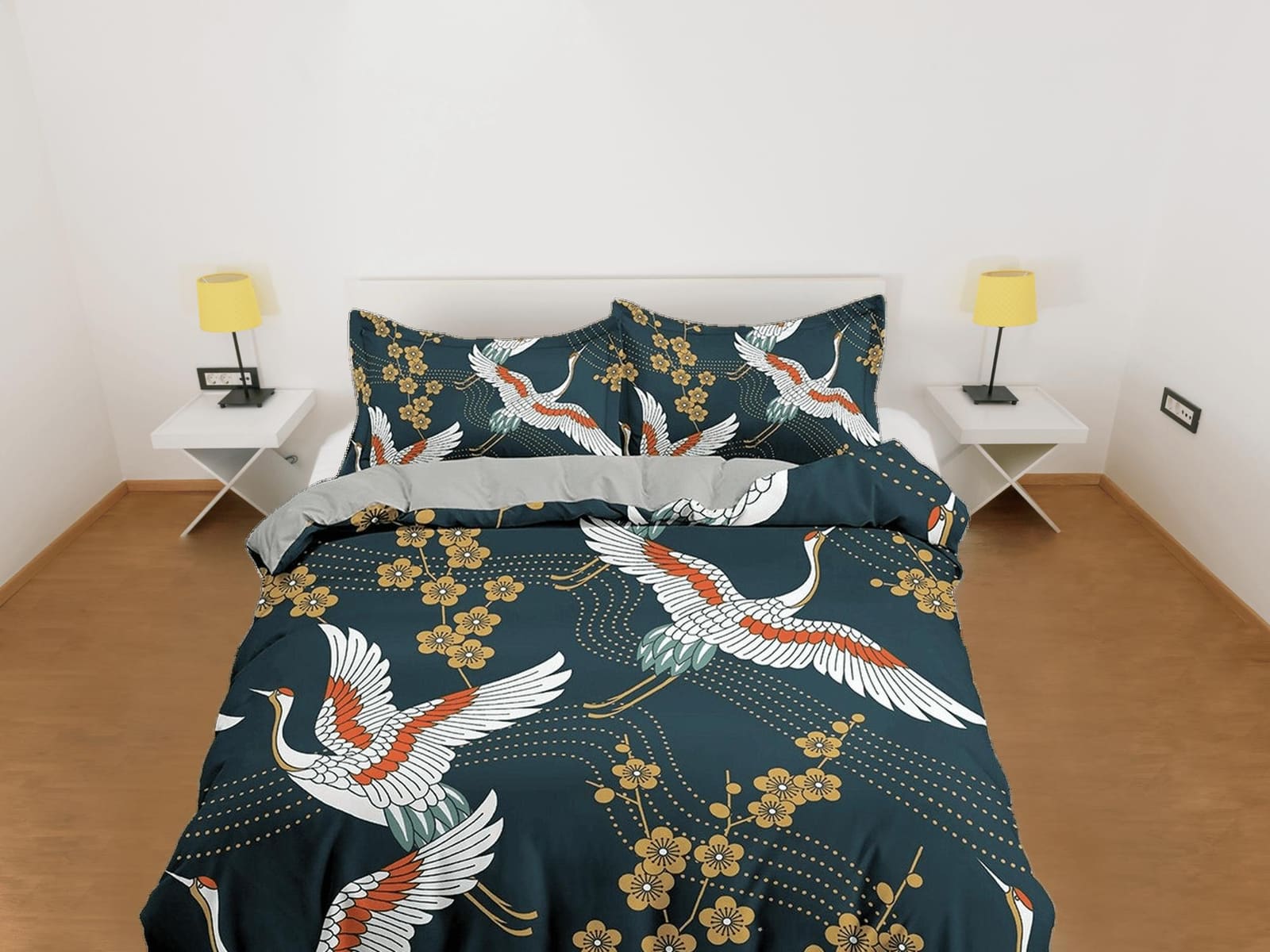 Dark green oriental bedding set cover, crane bird and cherry blossom floral prints on Japanese style duvet cover, king, qu…
