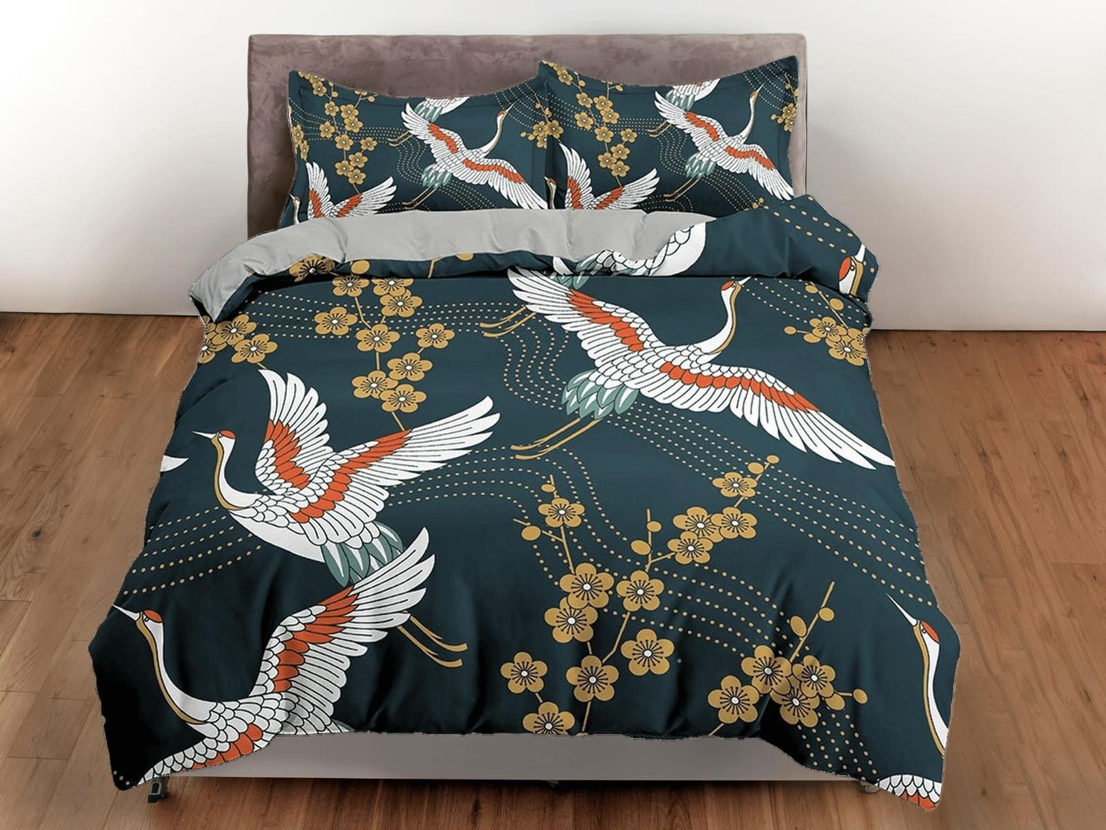 Dark green oriental bedding set cover, crane bird and cherry blossom floral prints on Japanese style duvet cover, king, qu…
