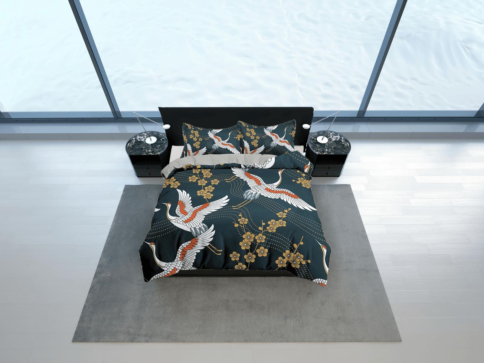 Dark green oriental bedding set cover, crane bird and cherry blossom floral prints on Japanese style duvet cover, king, qu…