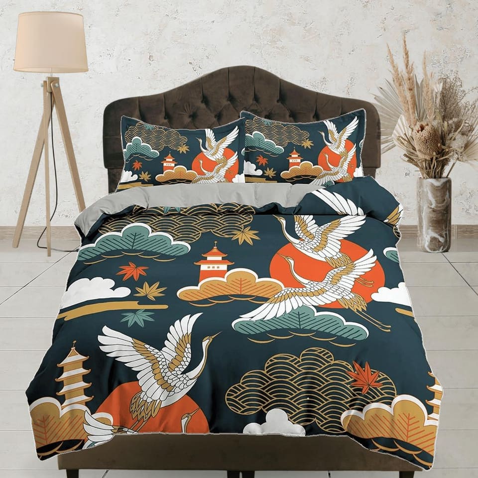 Dark green oriental bedding set cover, crane bird, pagoda and cherry blossom floral prints on Japanese duvet cover, king,…