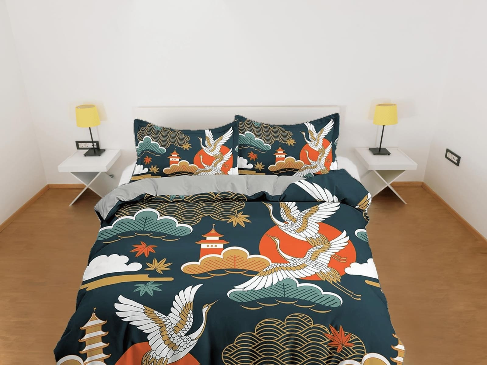 Dark green oriental bedding set cover, crane bird, pagoda and cherry blossom floral prints on Japanese duvet cover, king,…