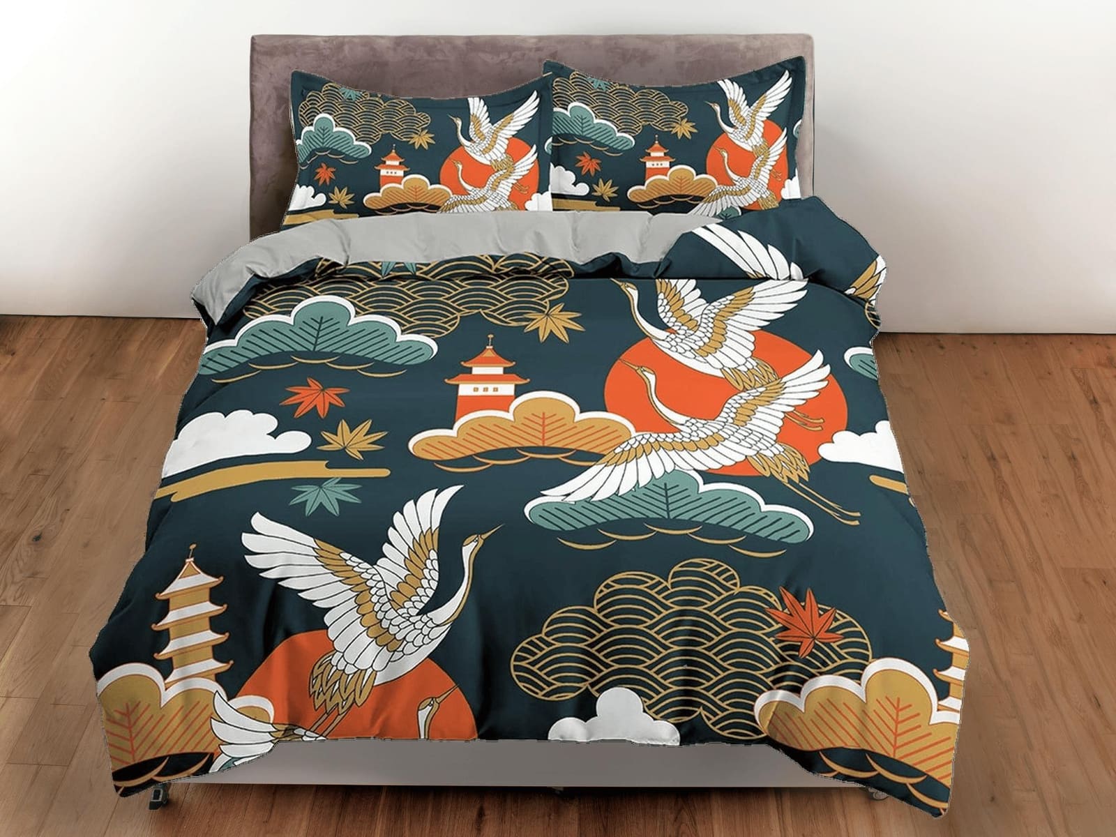 Dark green oriental bedding set cover, crane bird, pagoda and cherry blossom floral prints on Japanese duvet cover, king,…