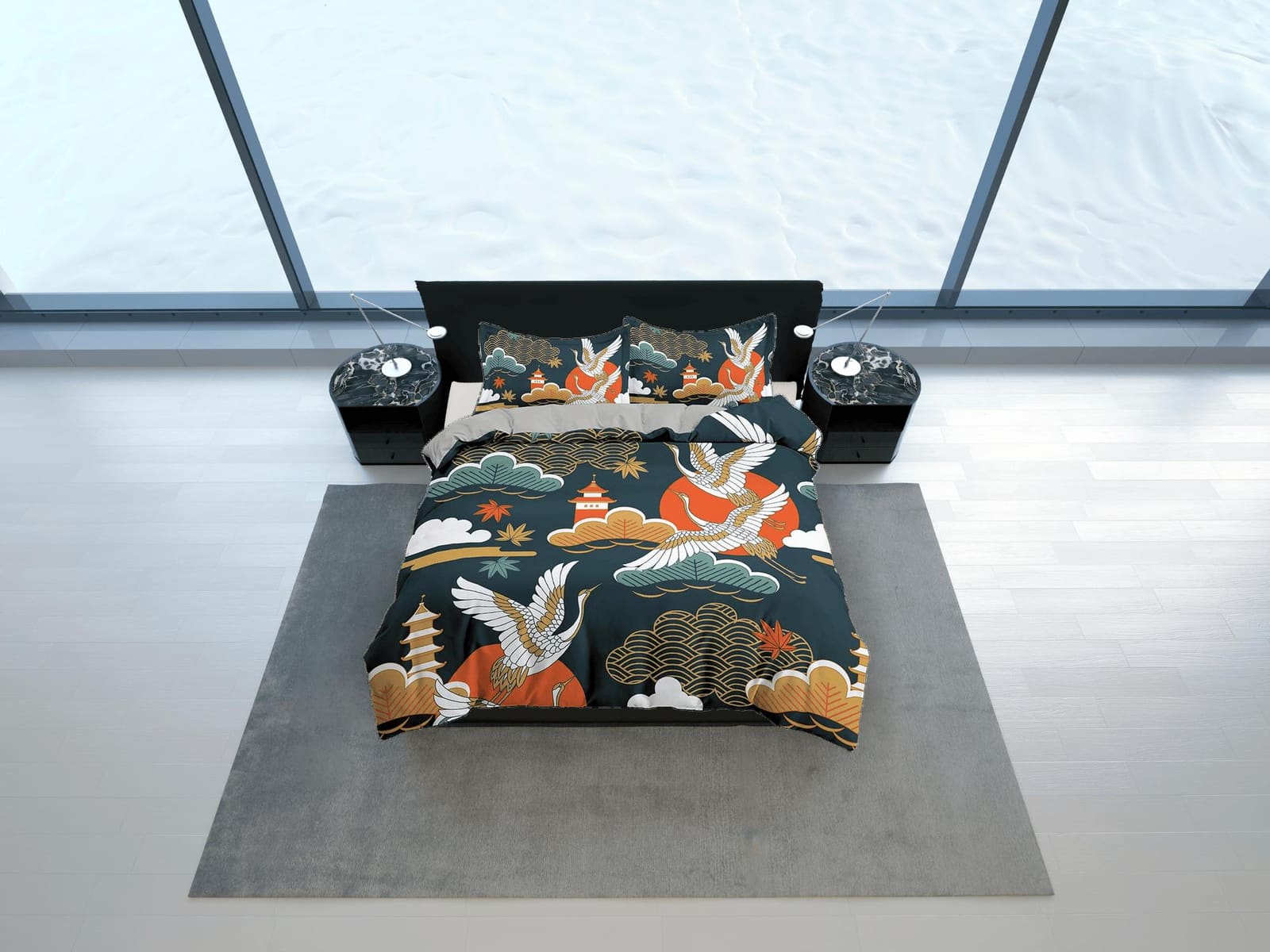 Dark green oriental bedding set cover, crane bird, pagoda and cherry blossom floral prints on Japanese duvet cover, king,…