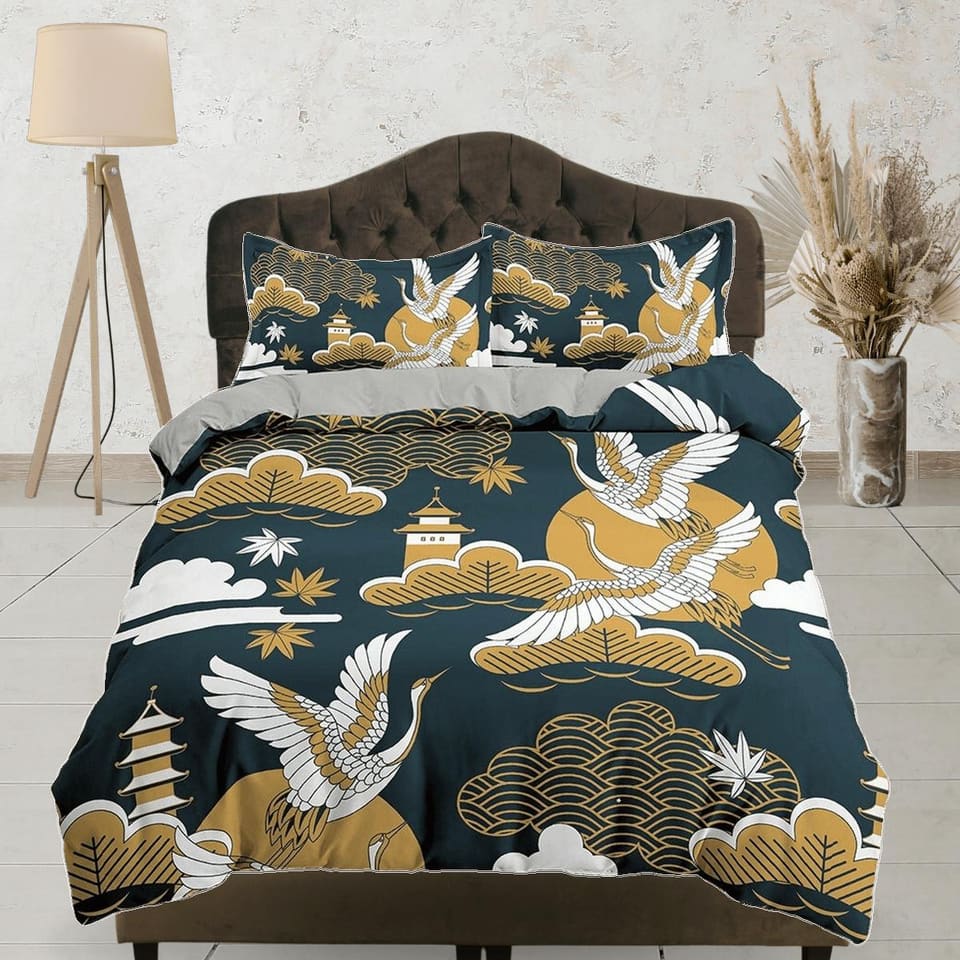Dark green oriental bedding set cover with muted orange color accent, crane bird on Japanese style duvet cover, king, quee…