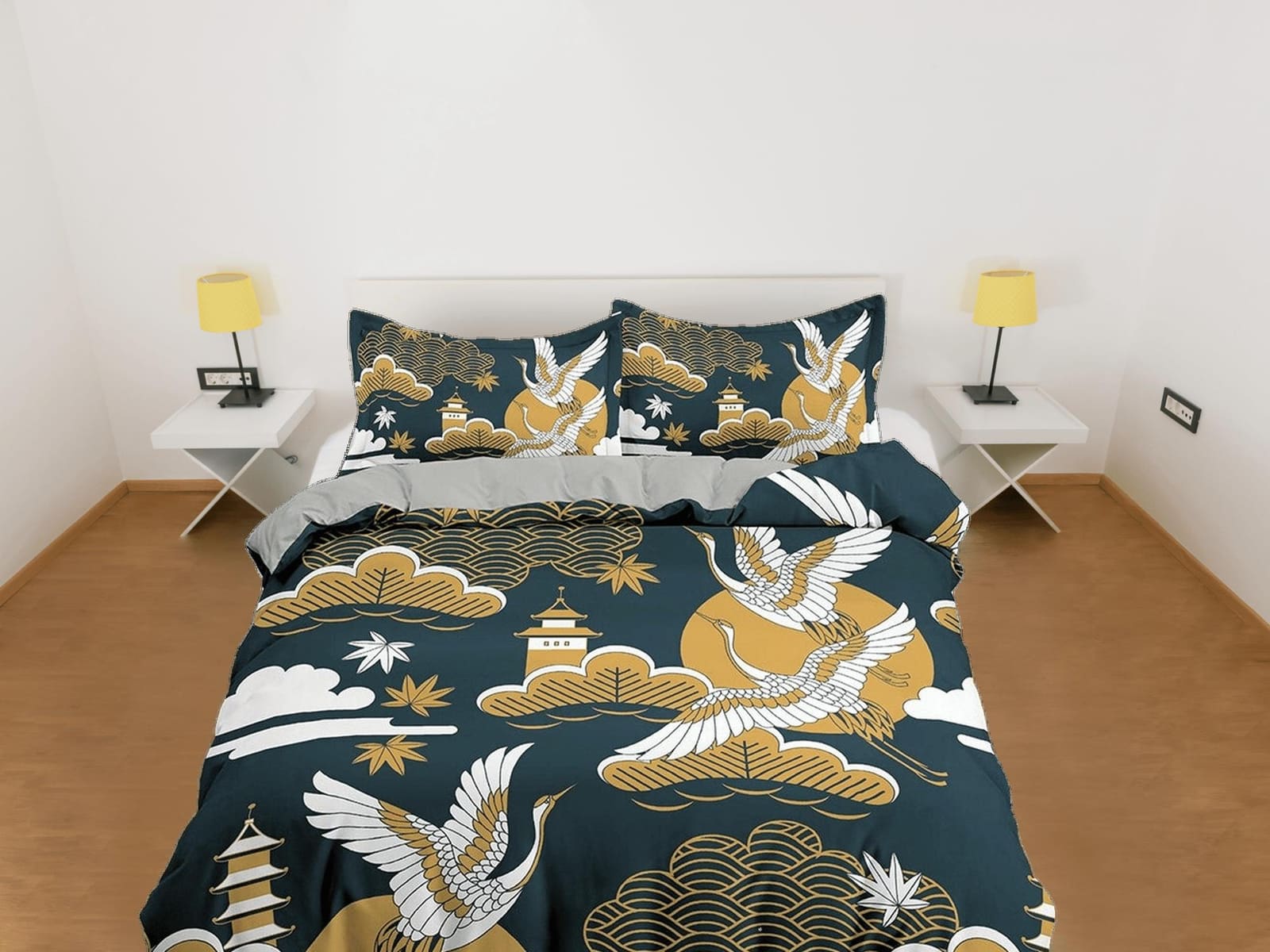 Dark green oriental bedding set cover with muted orange color accent, crane bird on Japanese style duvet cover, king, quee…