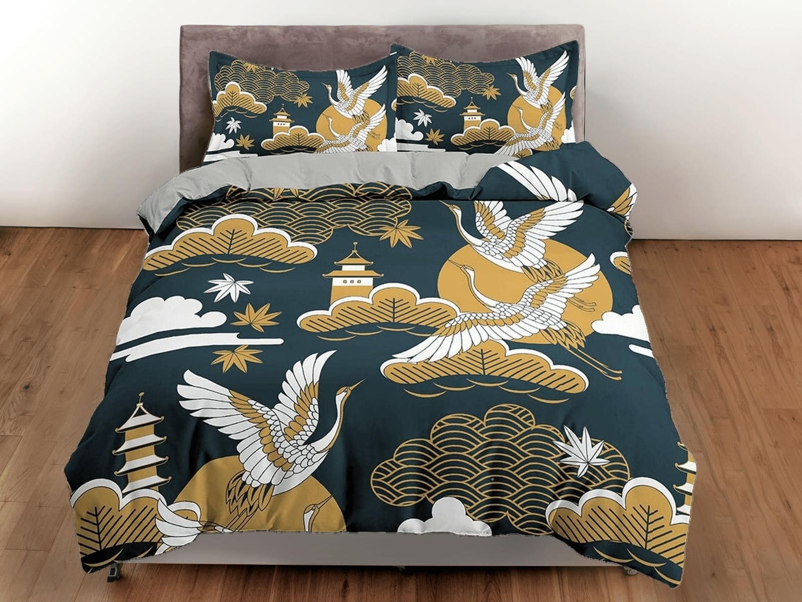 Dark green oriental bedding set cover with muted orange color accent, crane bird on Japanese style duvet cover, king, quee…