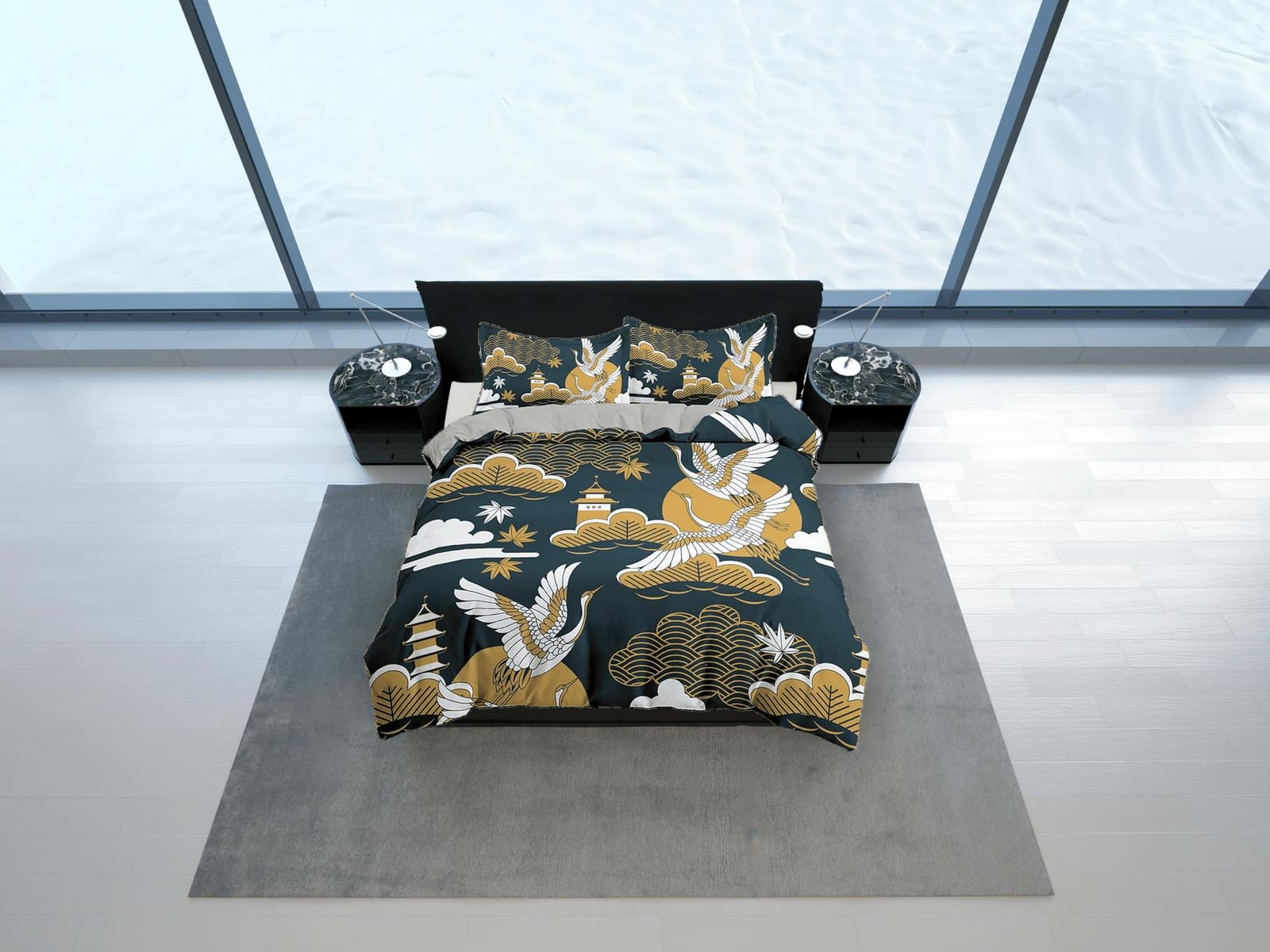 Dark green oriental bedding set cover with muted orange color accent, crane bird on Japanese style duvet cover, king, quee…