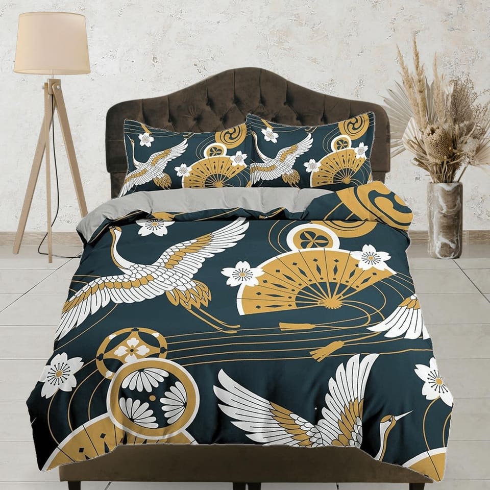 Dark green oriental duvet cover set, crane bird, fan and cherry blossom floral printed Japanese style bedding, king, queen…