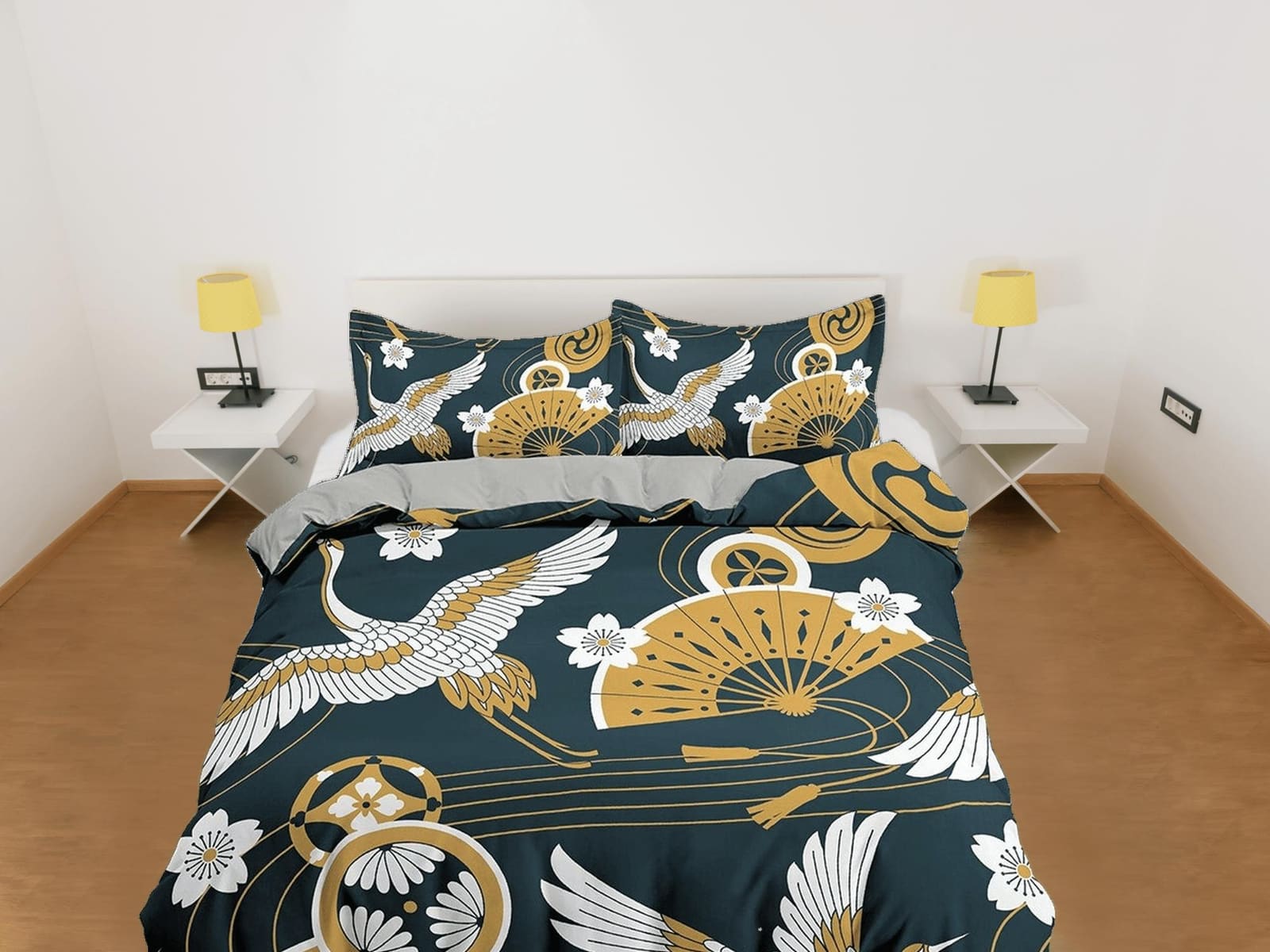 Dark green oriental duvet cover set, crane bird, fan and cherry blossom floral printed Japanese style bedding, king, queen…