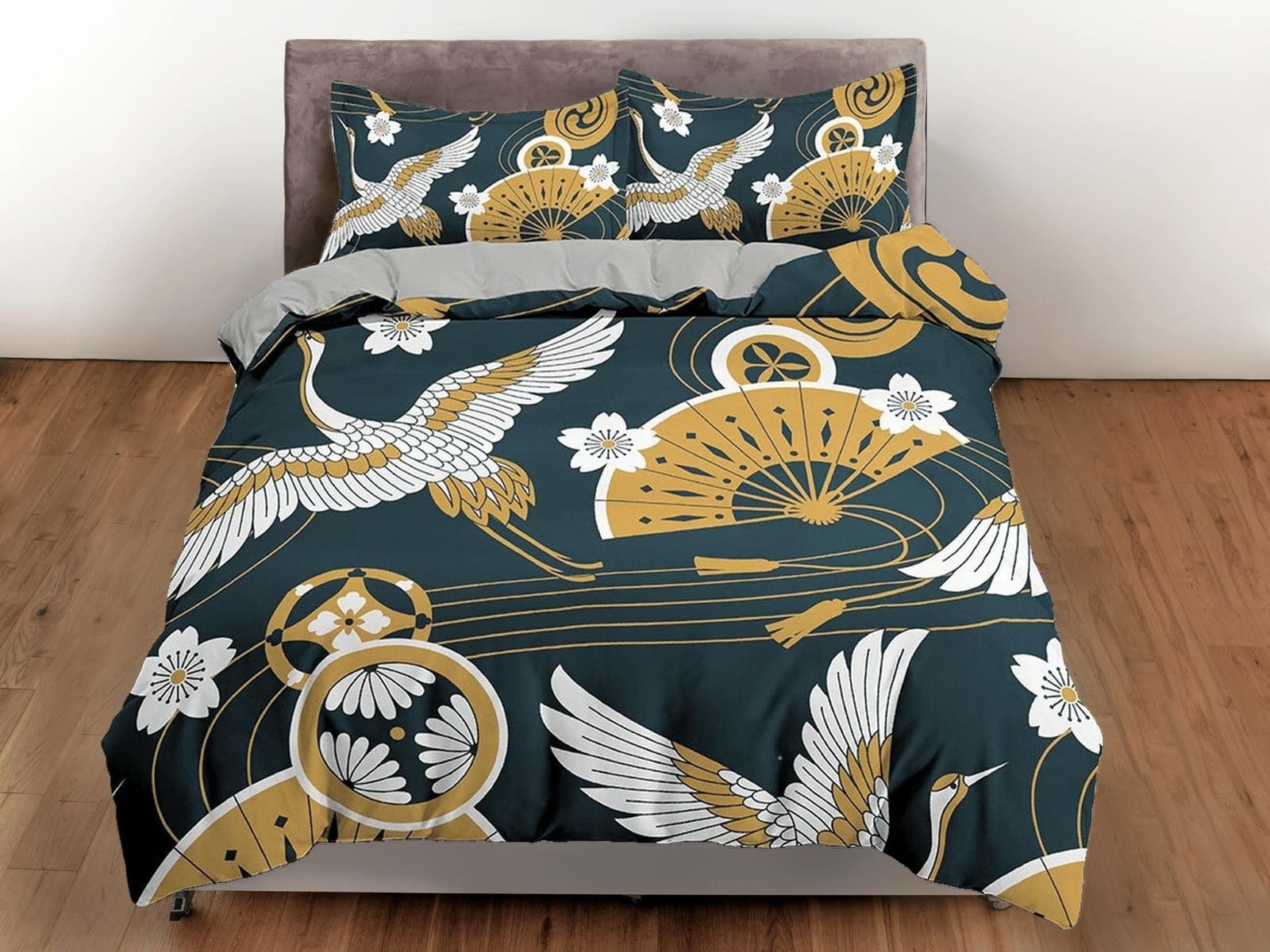 Dark green oriental duvet cover set, crane bird, fan and cherry blossom floral printed Japanese style bedding, king, queen…