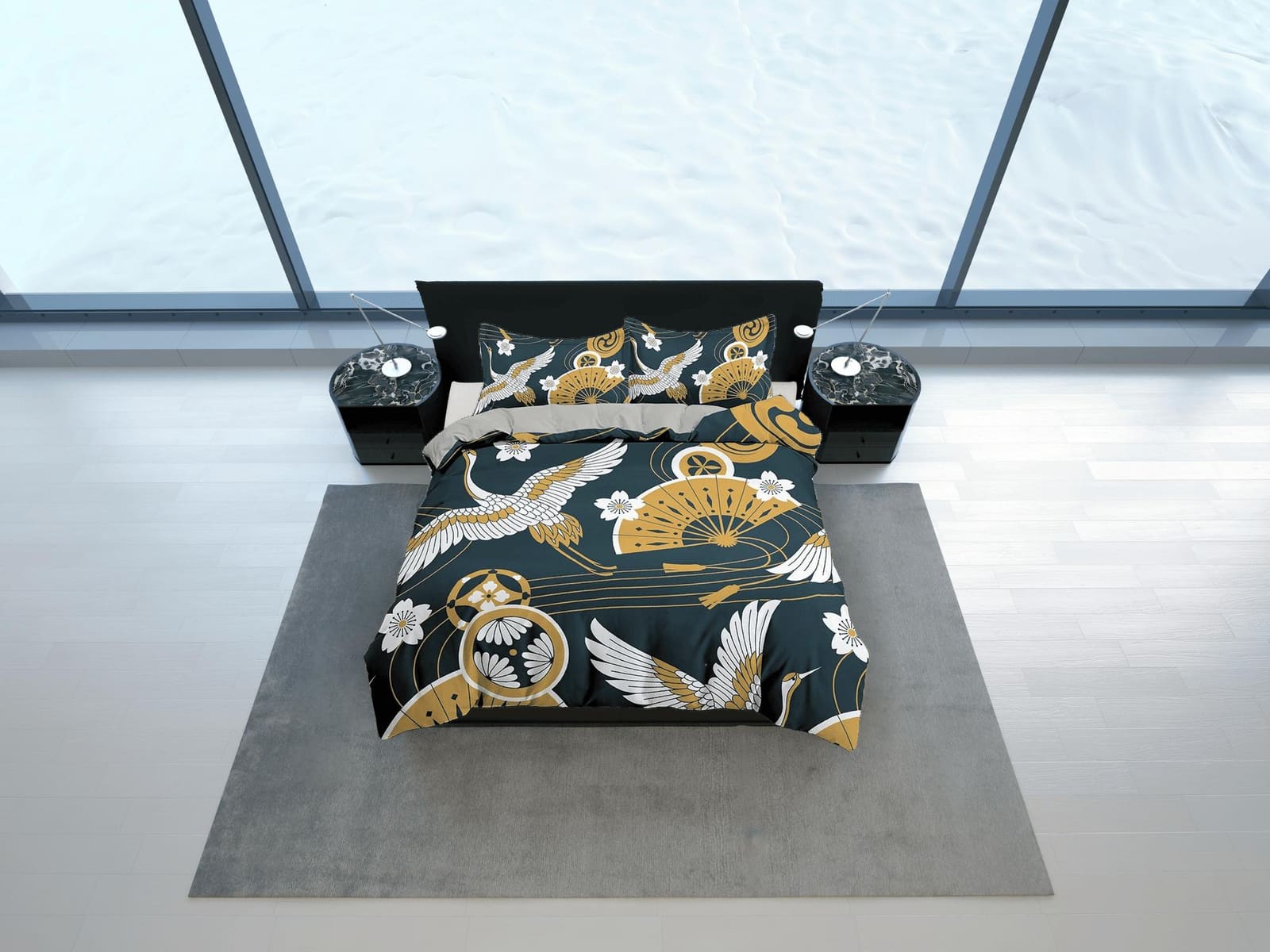 Dark green oriental duvet cover set, crane bird, fan and cherry blossom floral printed Japanese style bedding, king, queen…