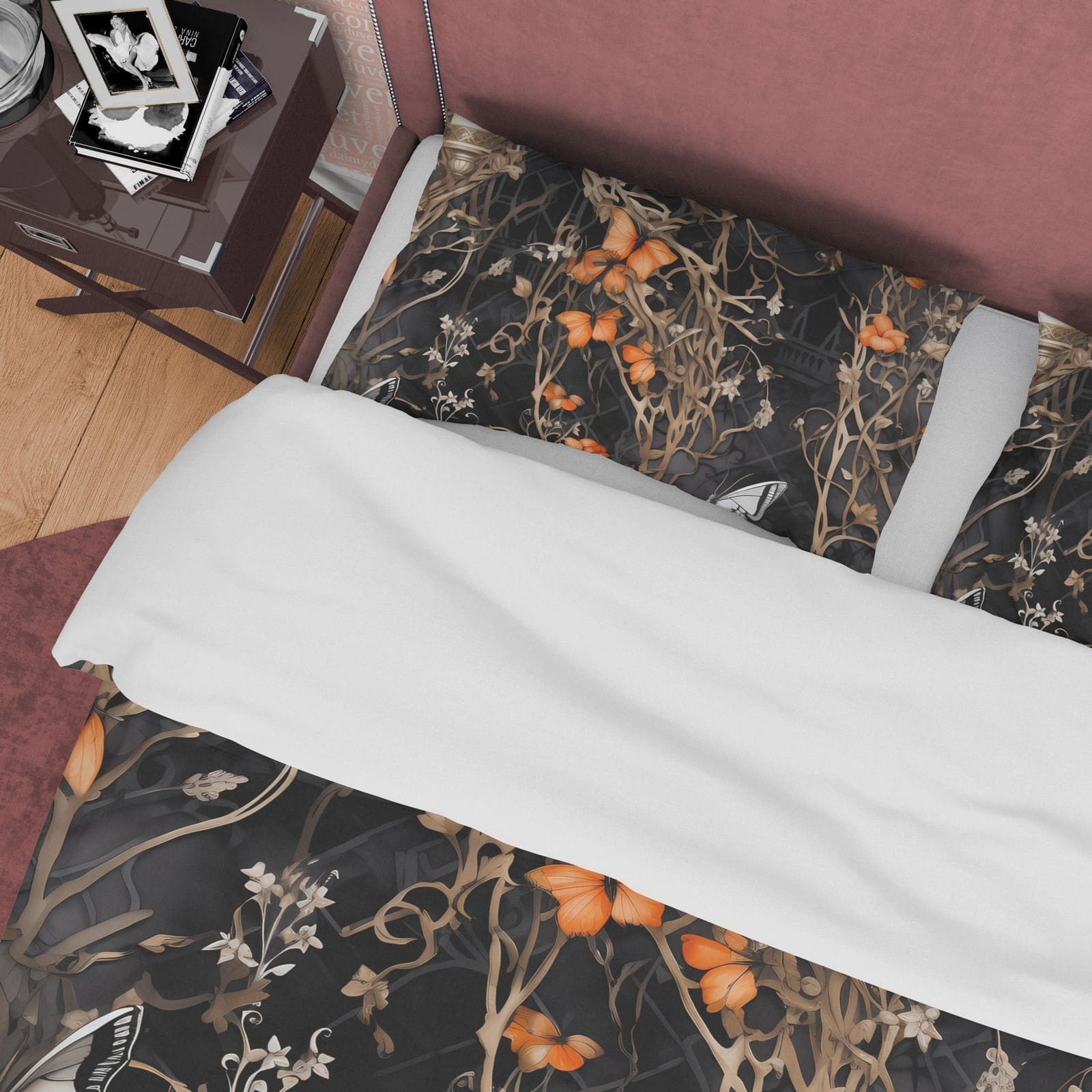 Death Butterfly Duvet Cover Set, Dark Quilt Cover Aesthetic Zipper Bedding, Halloween Room Decor, Black Floral Vine Blanke…