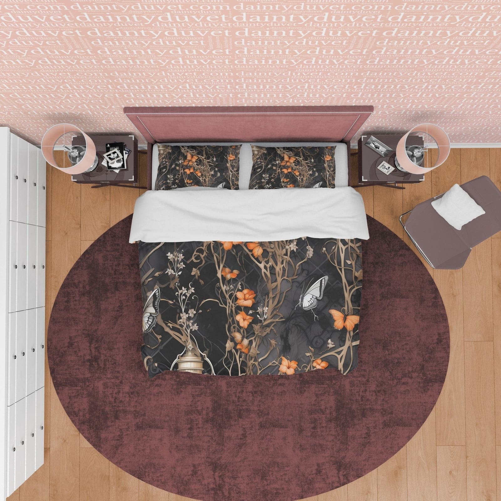 Death Butterfly Duvet Cover Set, Dark Quilt Cover Aesthetic Zipper Bedding, Halloween Room Decor, Black Floral Vine Blanke…