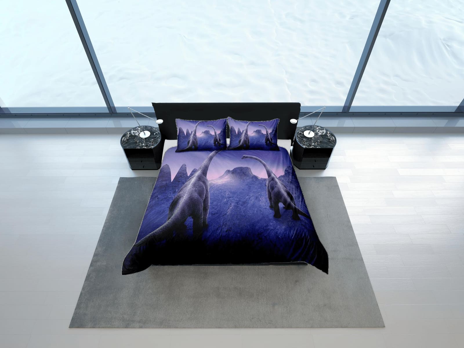 Dinosaur Purple Duvet Cover Set Sci-Fi Bedspread, Dorm Bedding with Pillowcase
