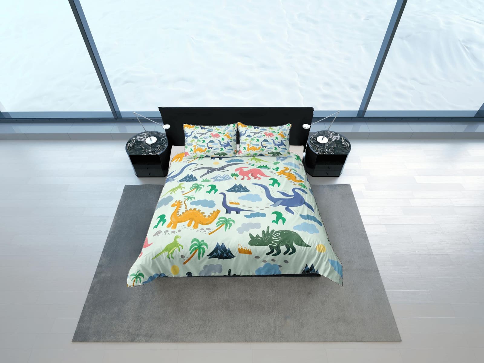 Dinosaurs Duvet Cover Set Colorful Bedspread, Kids Full Bedding Set with Pillowcase, Comforter Cover Bed