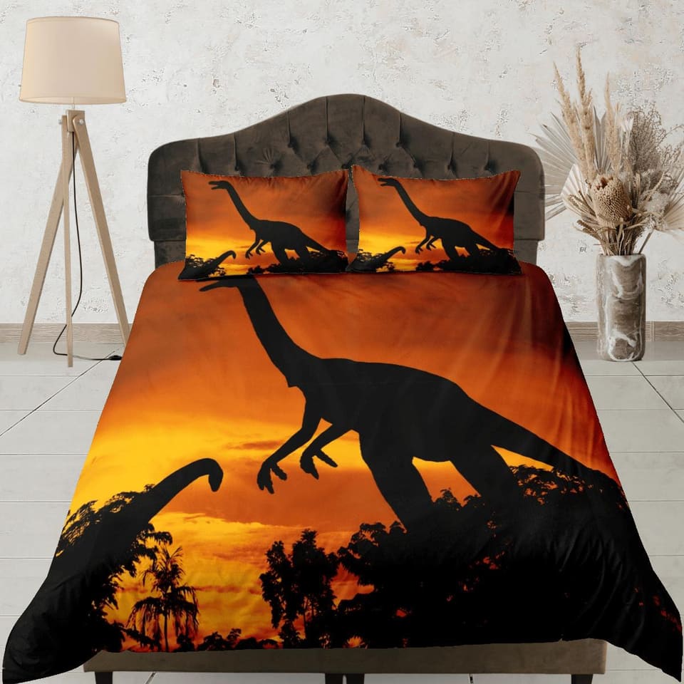 Diplodocus dinosaur orange bedding, adult duvet cover, dorm bedding, teen boys bedding set full, animal duvet cover set, d…