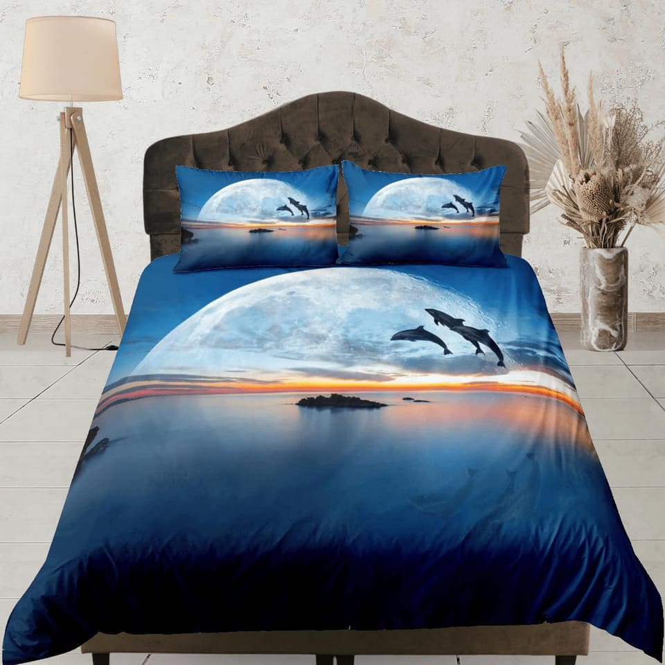 Dolphin dash blue moon duvet cover set galaxy bedding, space bedding set full, duvet cover king, queen, dorm bedding, todd…