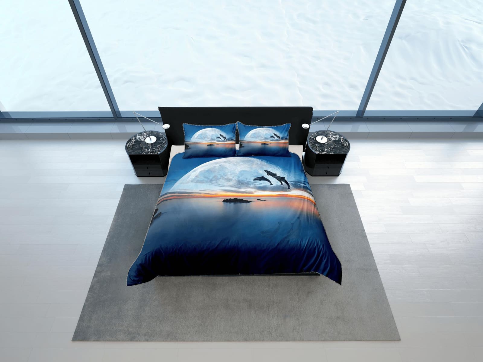 Dolphin dash blue moon duvet cover set galaxy bedding, space bedding set full, duvet cover king, queen, dorm bedding, todd…