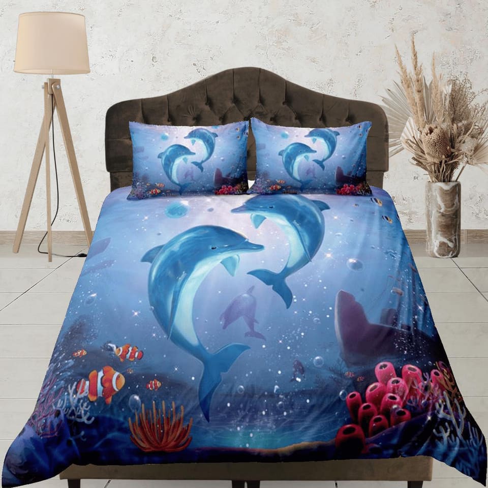 Dolphins & clownfish bedding duvet cover, ocean blush decor bottle nose dolphin bedding set full king queen twin, college…