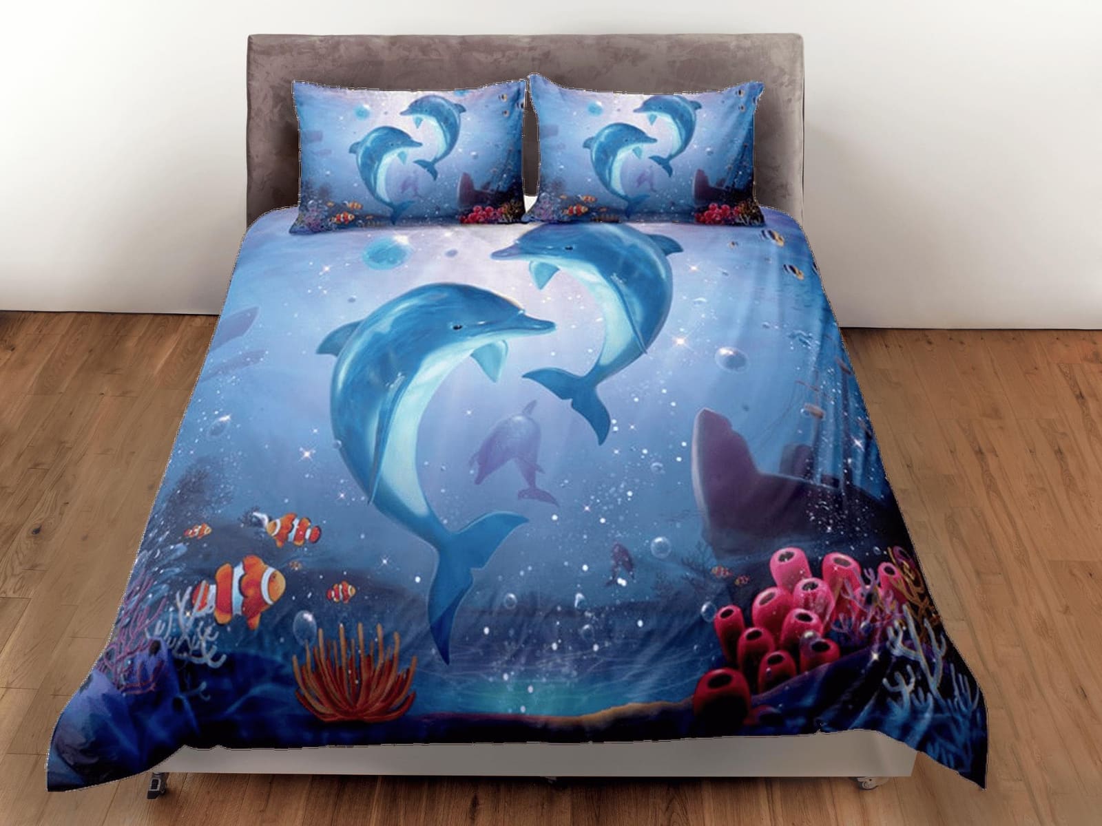 Dolphins & clownfish bedding duvet cover, ocean blush decor bottle nose dolphin bedding set full king queen twin, college…