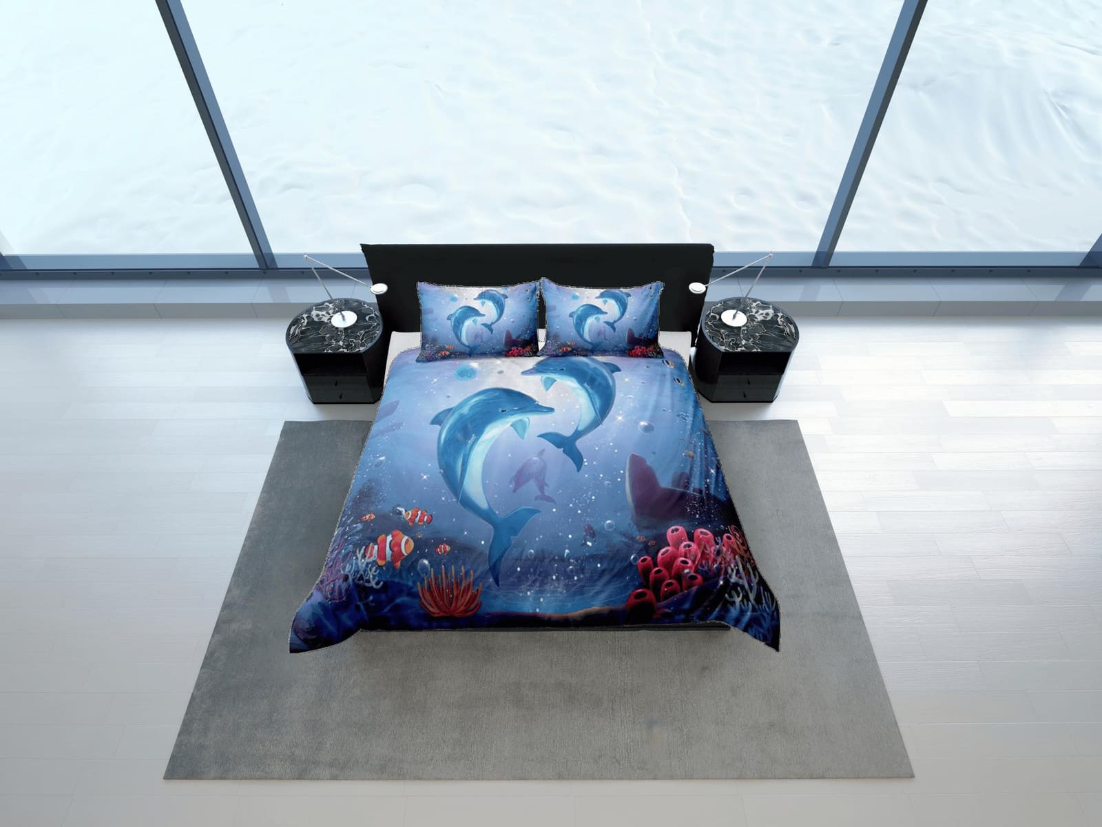 Dolphins & clownfish bedding duvet cover, ocean blush decor bottle nose dolphin bedding set full king queen twin, college…