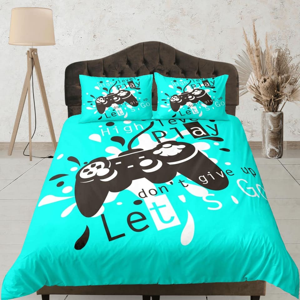 Dont give up gamer bedding cyan blue duvet cover, video gamer boyfriend gift bedding set full king queen twin, boys bedroo…