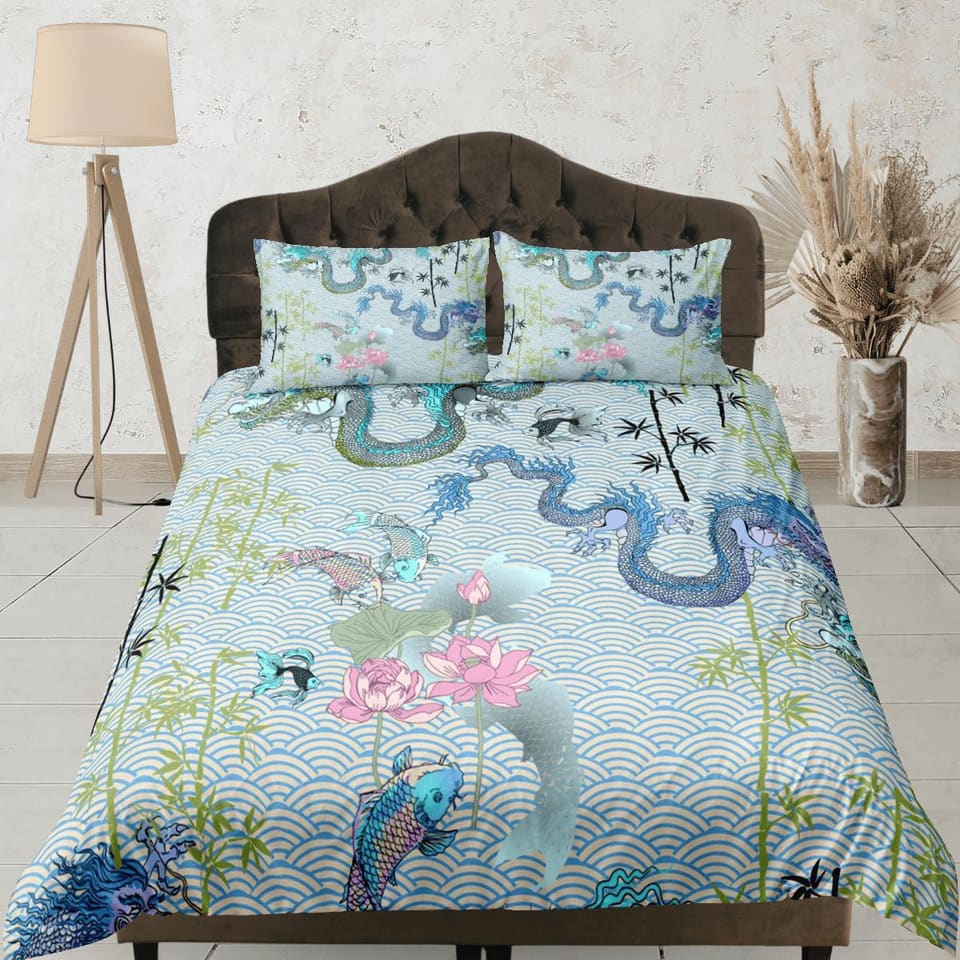 Dragon and koi fish on light green oriental bedding, aesthetic duvet, japanese duvet cover set for king, queen, full, twin…