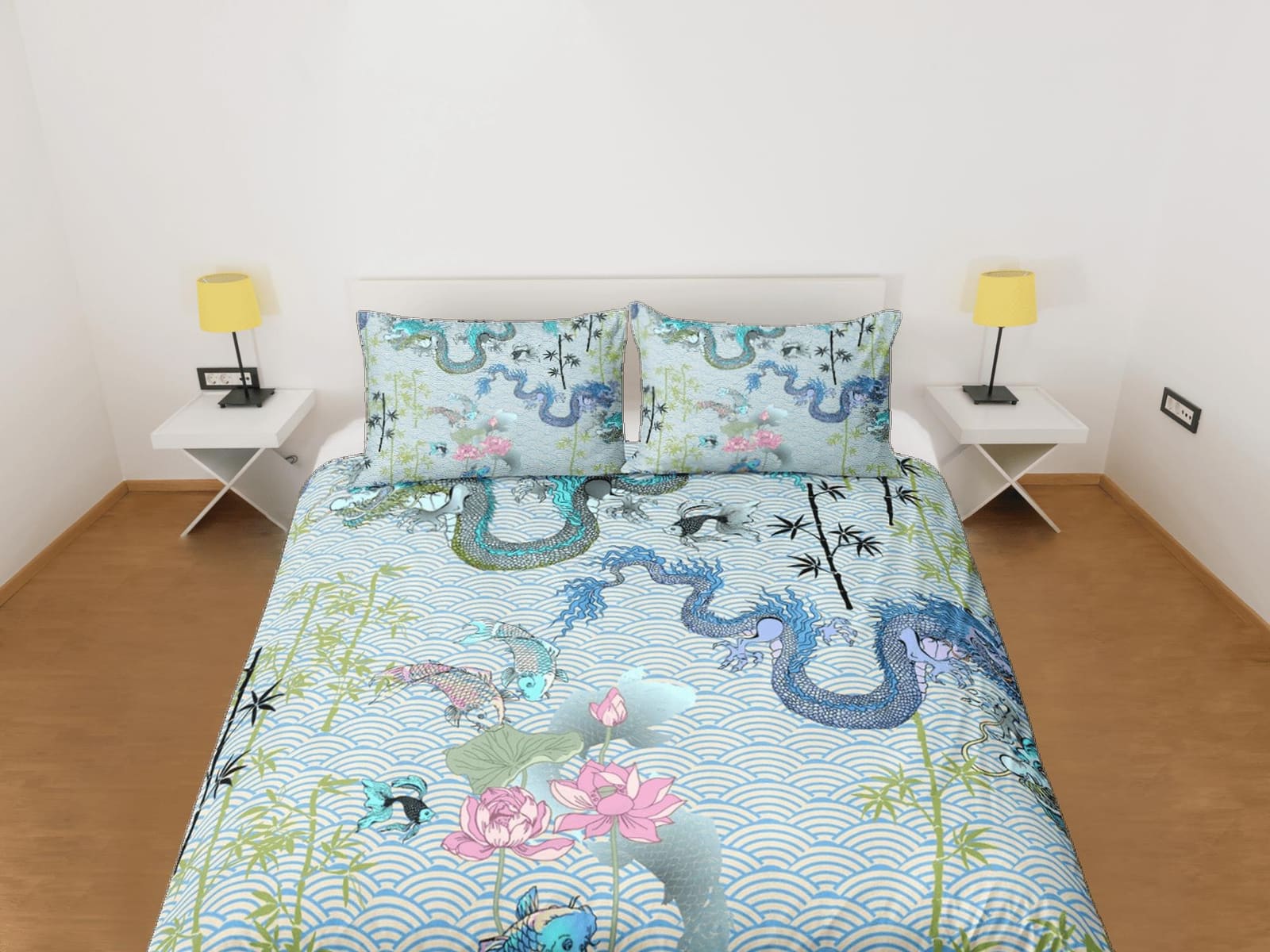 Dragon and koi fish on light green oriental bedding, aesthetic duvet, japanese duvet cover set for king, queen, full, twin…