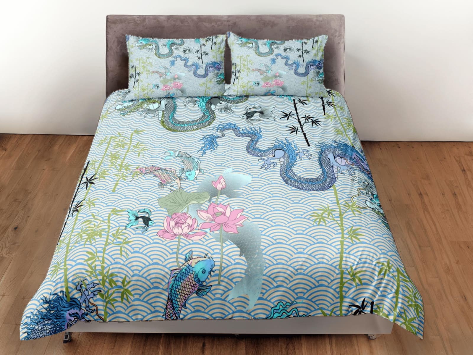 Dragon and koi fish on light green oriental bedding, aesthetic duvet, japanese duvet cover set for king, queen, full, twin…