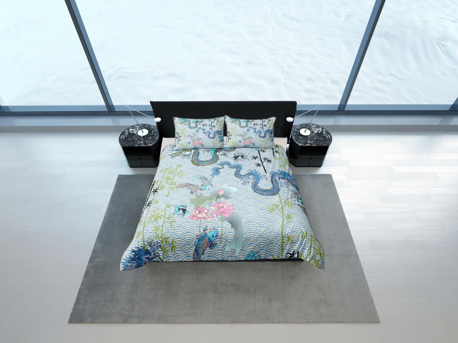 Dragon and koi fish on light green oriental bedding, aesthetic duvet, japanese duvet cover set for king, queen, full, twin…
