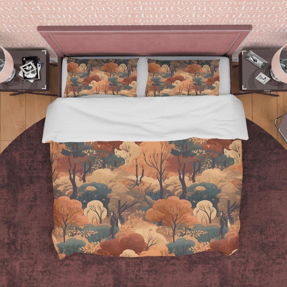 Dried Forest Rustic Duvet Cover Fall Bedding Set, Warm Autumn Colors Printed Quilt Cover, Foliage Bedspread, Boho Brown Bl…