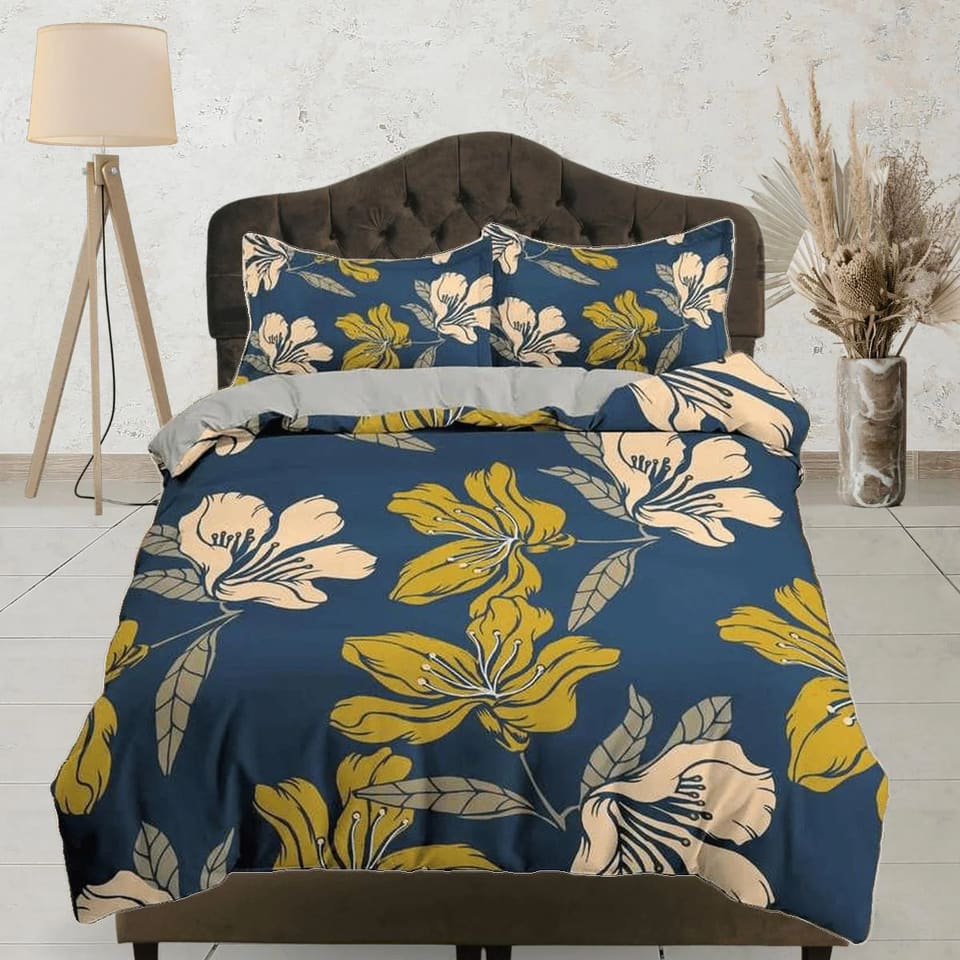 Easter lily floral blue duvet cover colorful bedding, teen girl bedroom, baby girl crib bedding boho maximalist bedspread…