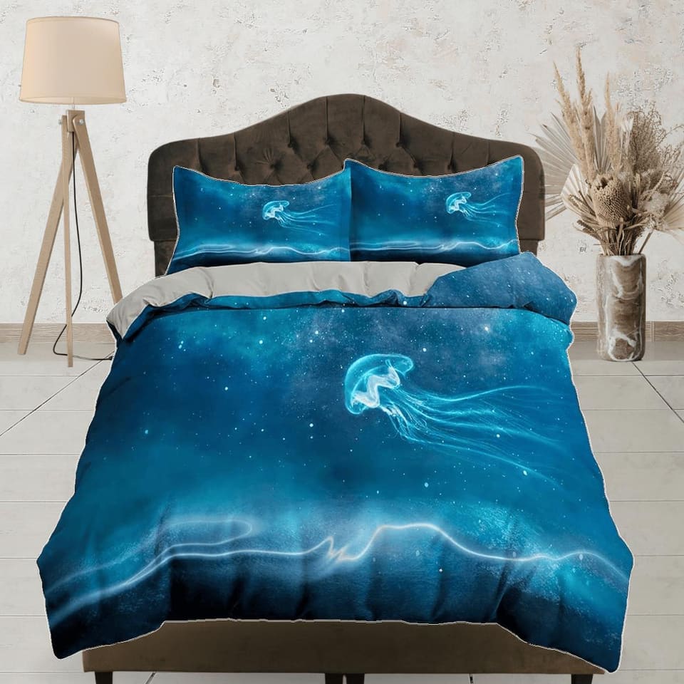 Electrifying jellyfish bedding azure blue duvet cover, ocean blush sea animal bedding set full king queen twin crib toddle…