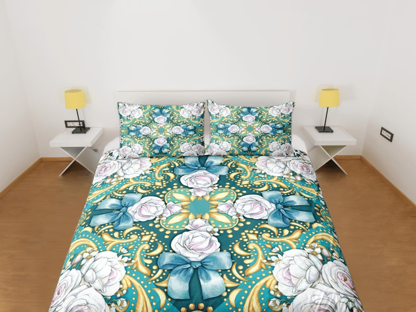 Elegant Roses Green Duvet Cover Set Bedspread, Floral Dorm Bedding Pillowcase