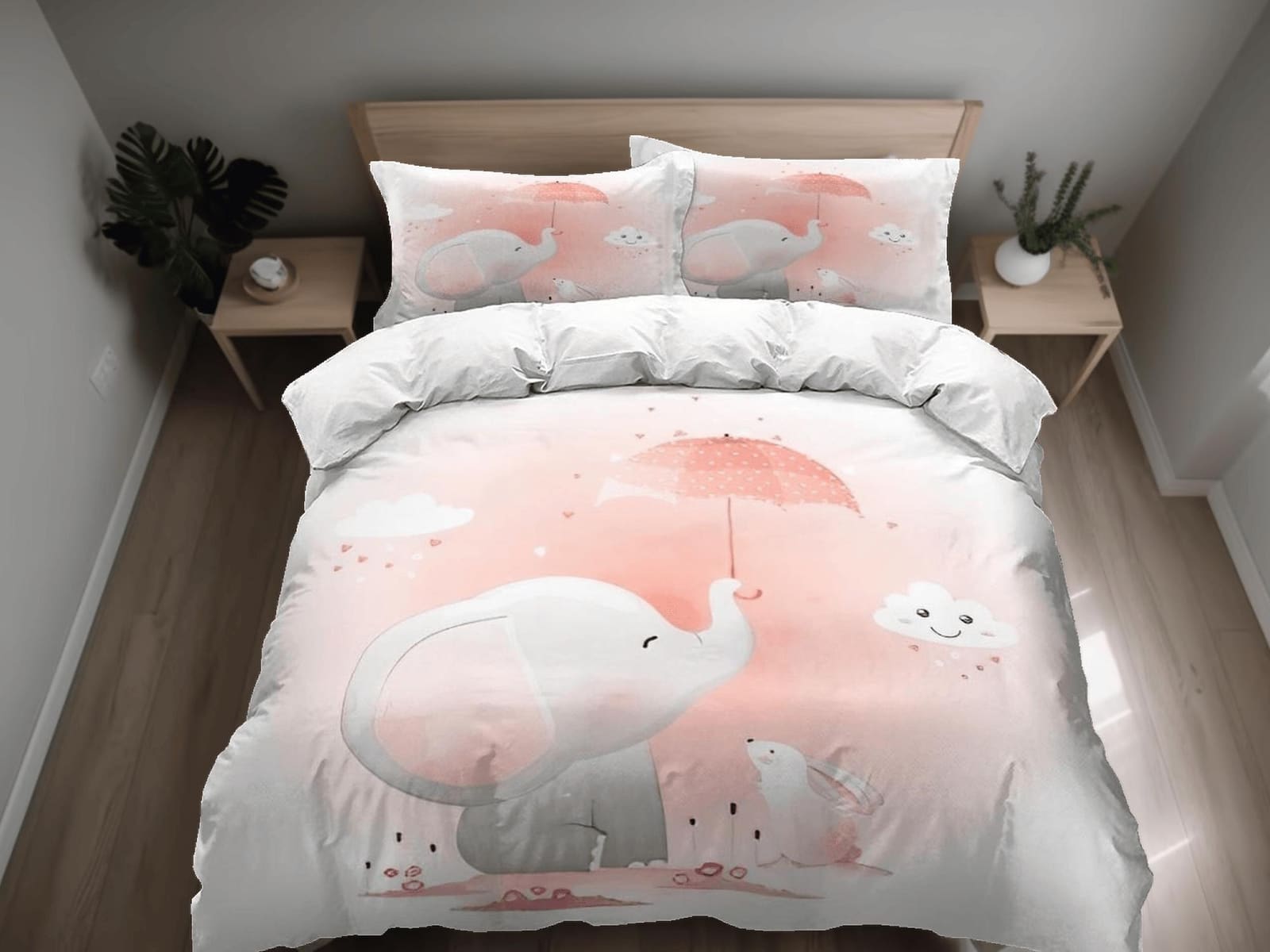Elephant and bunny in a rainy day bedding cute duvet cover set, kids bedding full, nursery bed decor, elephant baby shower…