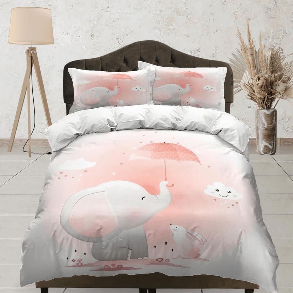 Elephant and bunny in a rainy day bedding cute duvet cover set, kids bedding full, nursery bed decor, elephant baby shower…