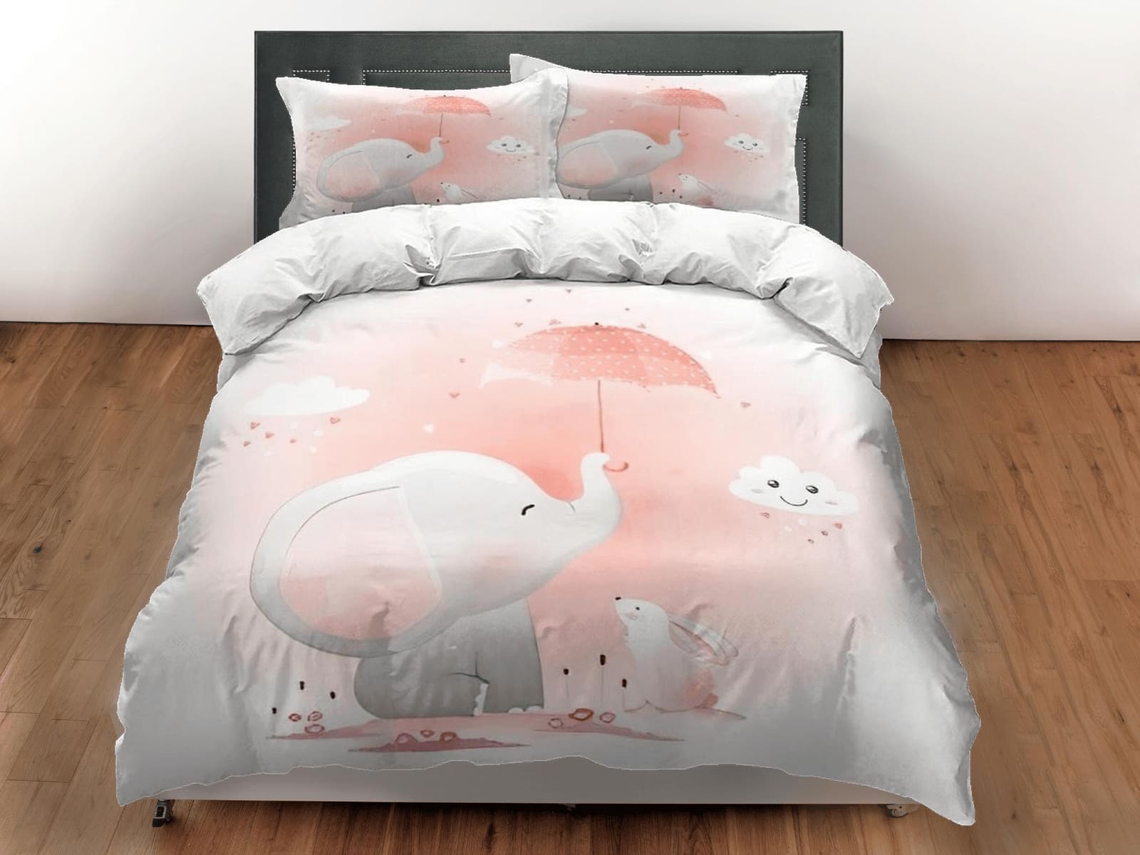 Elephant and bunny in a rainy day bedding cute duvet cover set, kids bedding full, nursery bed decor, elephant baby shower…