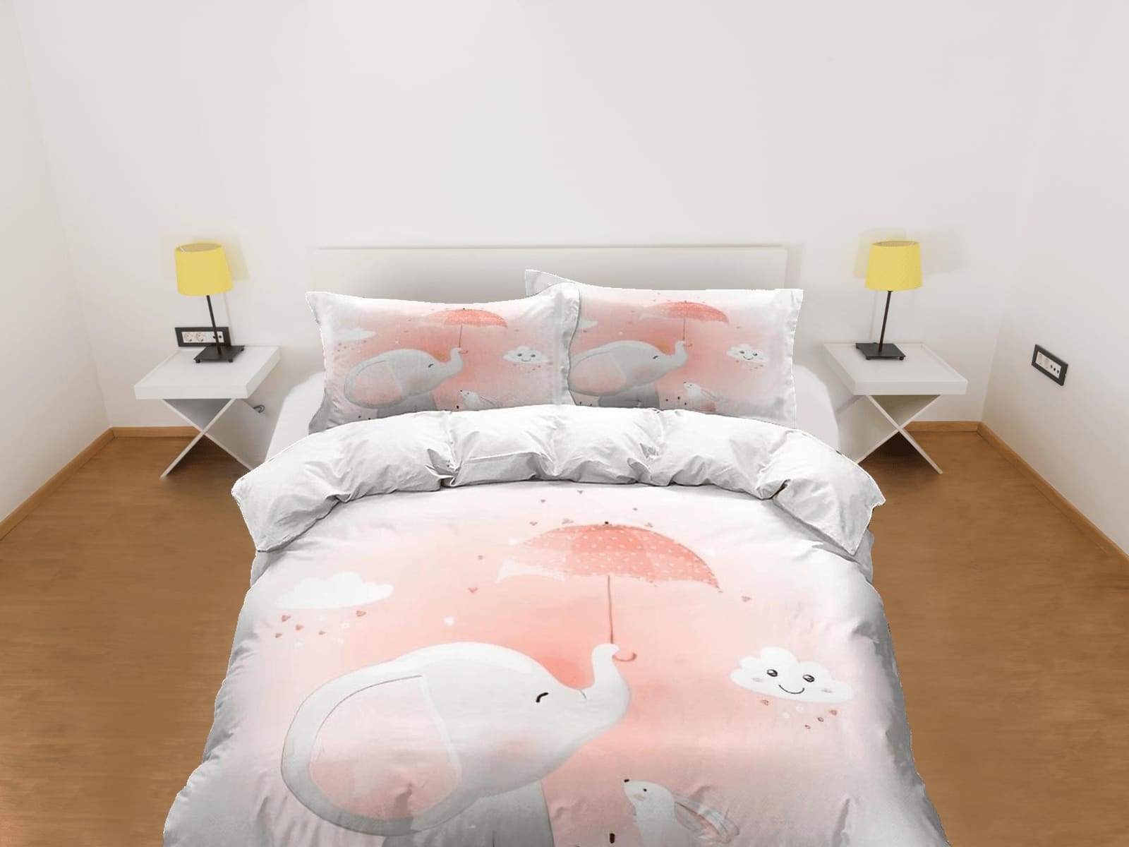 Elephant and bunny in a rainy day bedding cute duvet cover set, kids bedding full, nursery bed decor, elephant baby shower…