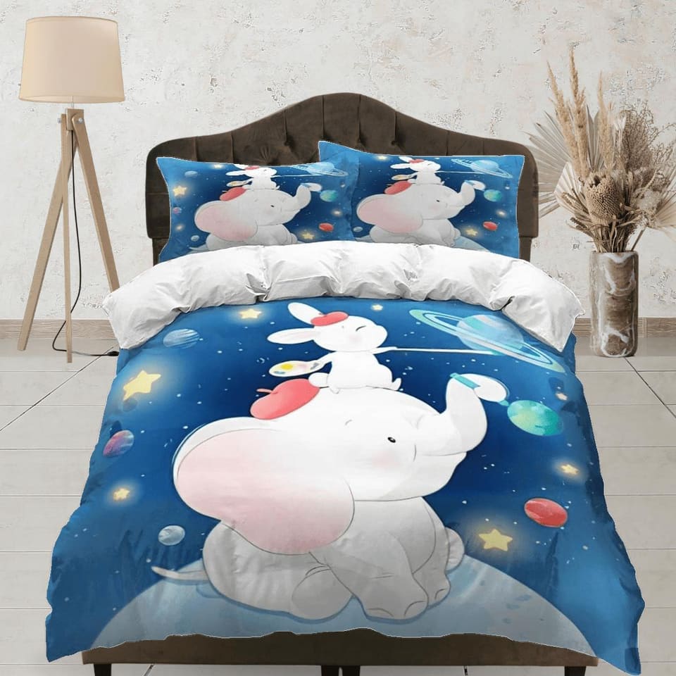 Elephant and bunny in galaxy bedding cute duvet cover set, kids bedding full, nursery bed decor, elephant baby shower, tod…
