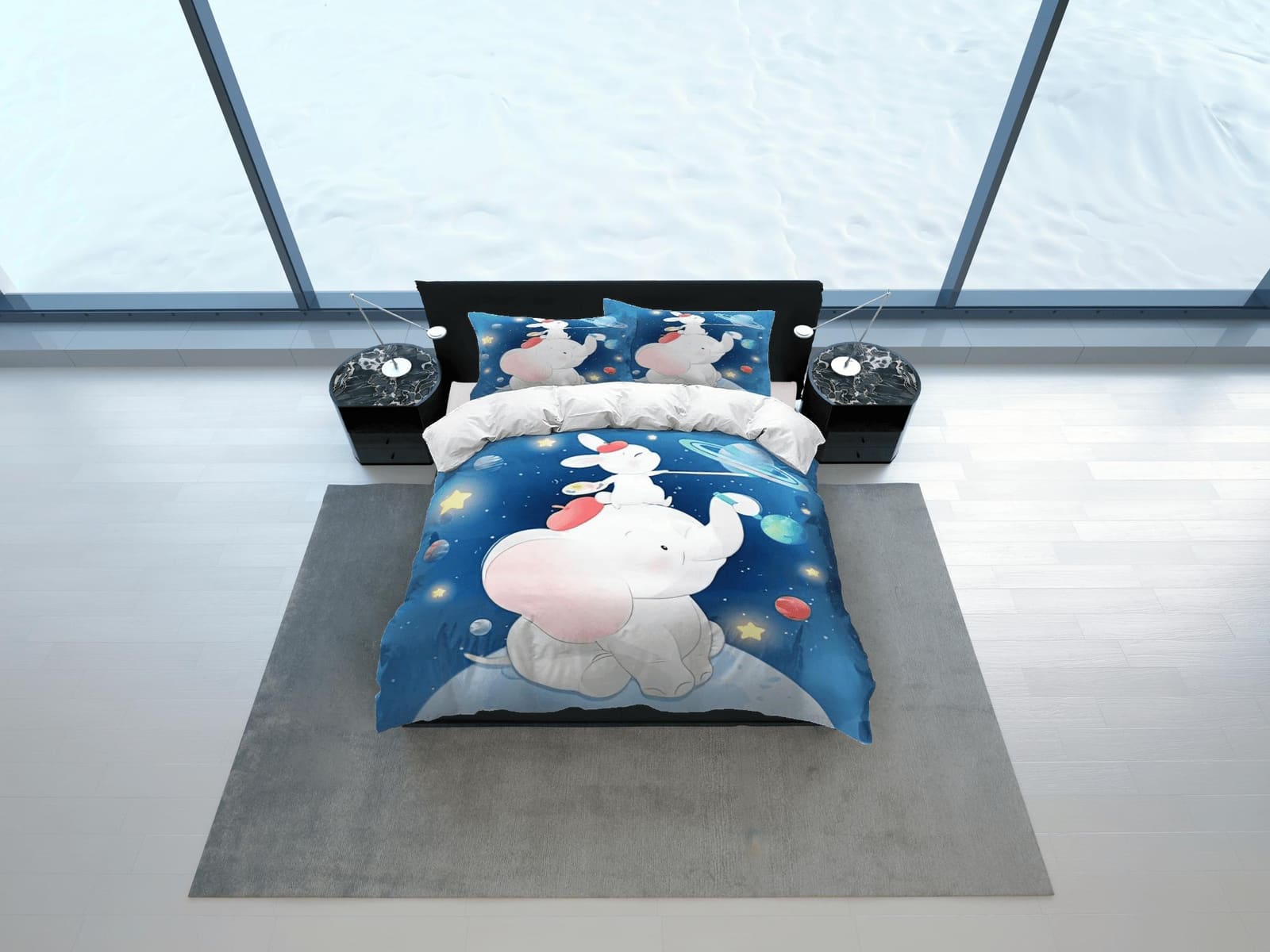 Elephant and bunny in galaxy bedding cute duvet cover set, kids bedding full, nursery bed decor, elephant baby shower, tod…