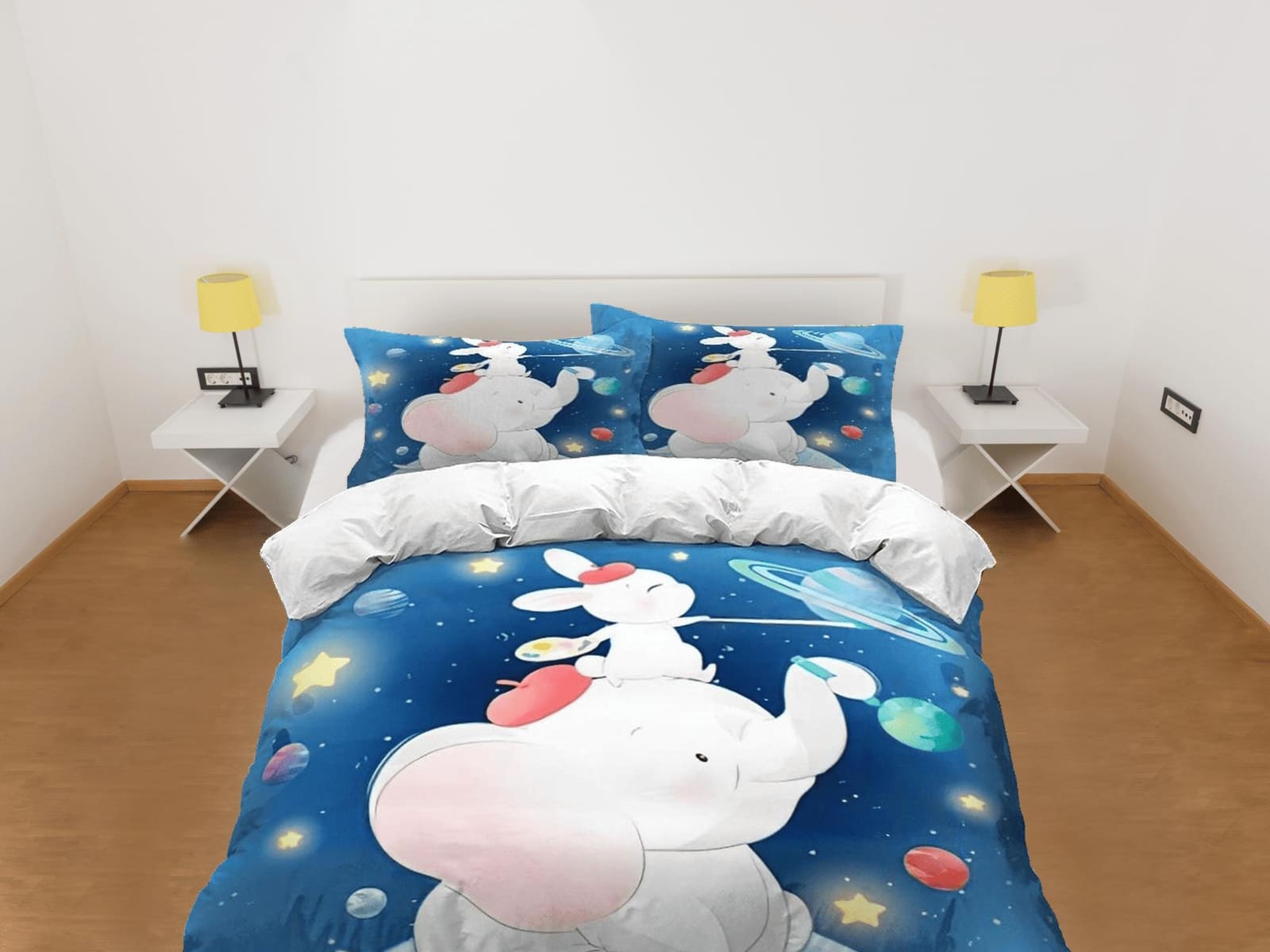 Elephant and bunny in galaxy bedding cute duvet cover set, kids bedding full, nursery bed decor, elephant baby shower, tod…