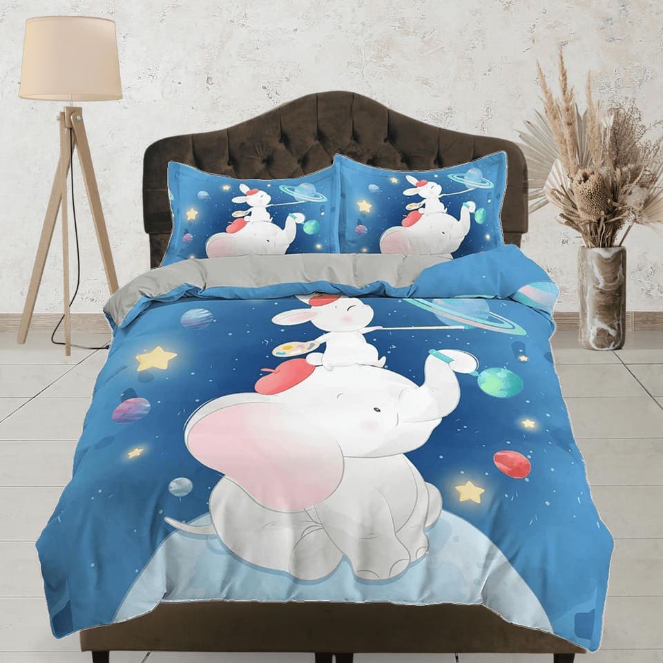 Elephant and mouse blue toddler bedding, unique duvet cover for nursery, crib bedding pillowcase, baby zipper bedding, kin…