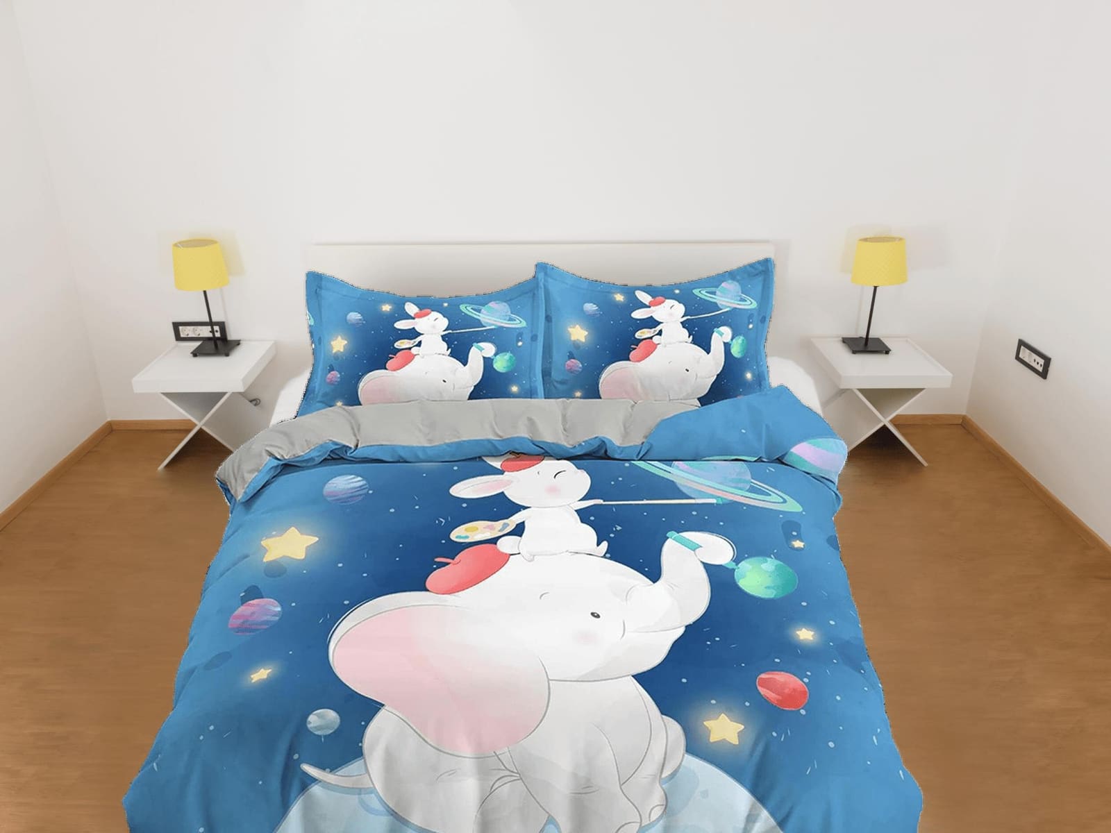 Elephant and mouse blue toddler bedding, unique duvet cover for nursery, crib bedding pillowcase, baby zipper bedding, kin…