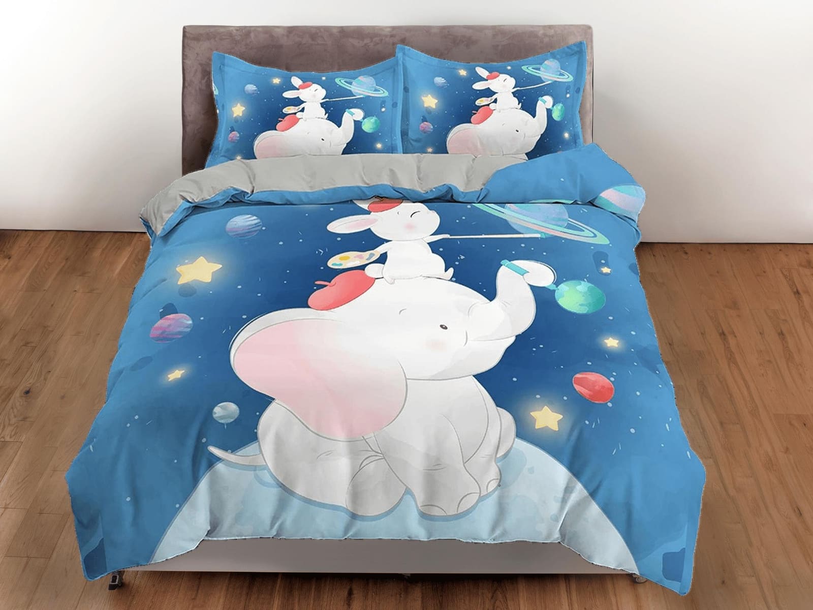 Elephant and mouse blue toddler bedding, unique duvet cover for nursery, crib bedding pillowcase, baby zipper bedding, kin…