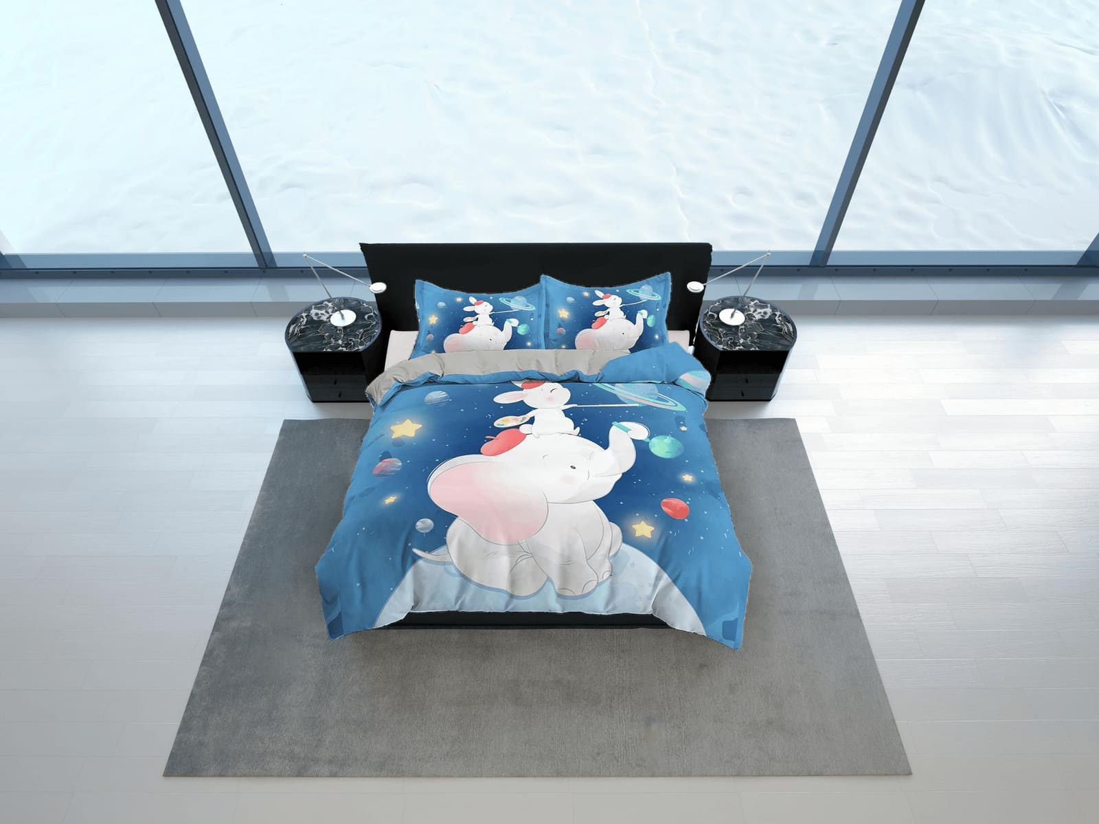 Elephant and mouse blue toddler bedding, unique duvet cover for nursery, crib bedding pillowcase, baby zipper bedding, kin…