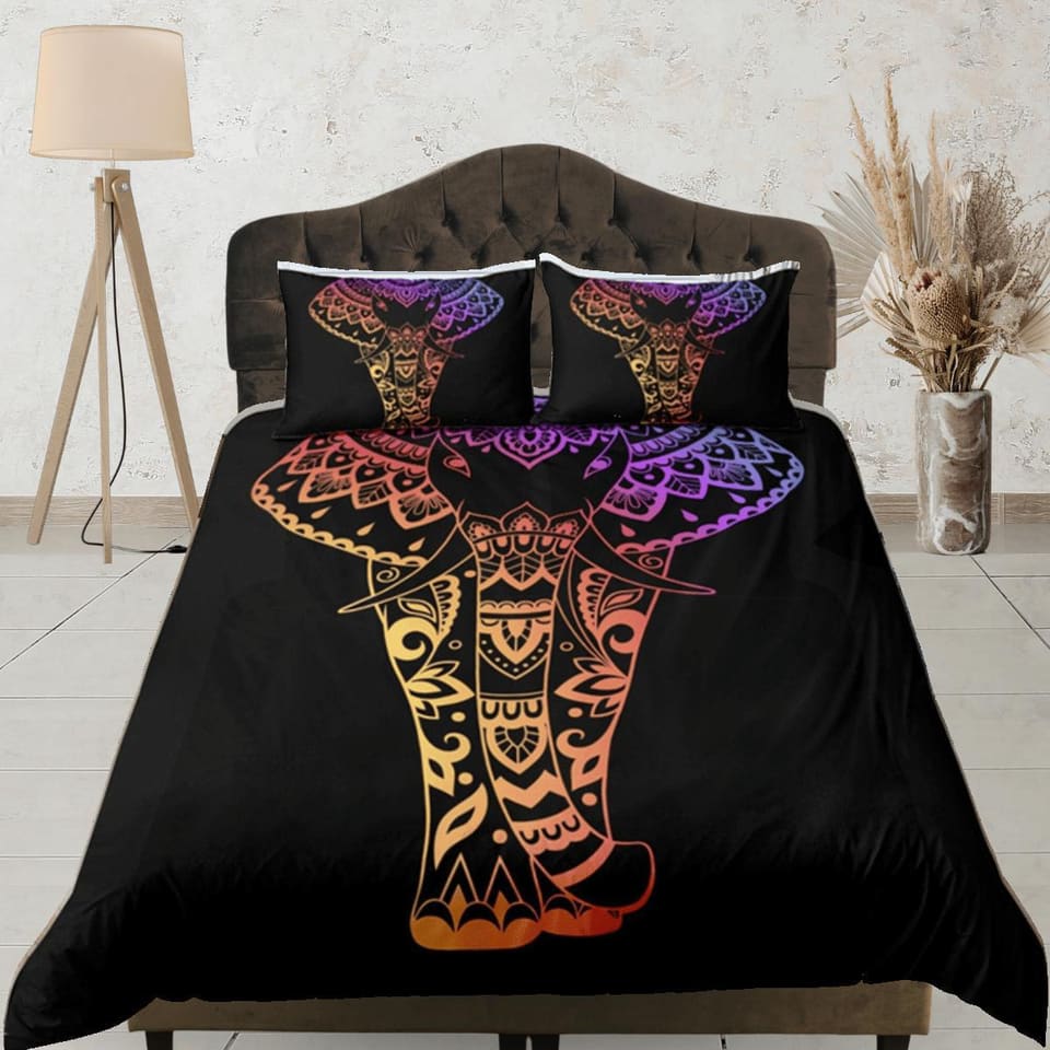 Elephant Black Duvet Cover Set Boho Bedspread, Bohemian Dorm Bedding & Pillowcase