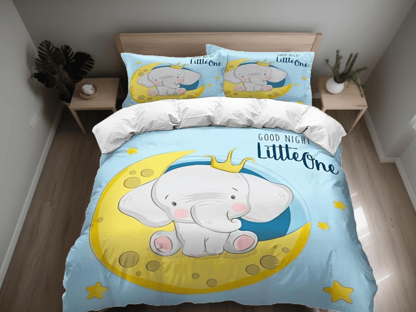 Elephant in crescent moon bedding cute duvet cover set, kids bedding full, nursery bed decor, elephant baby shower, toddle…