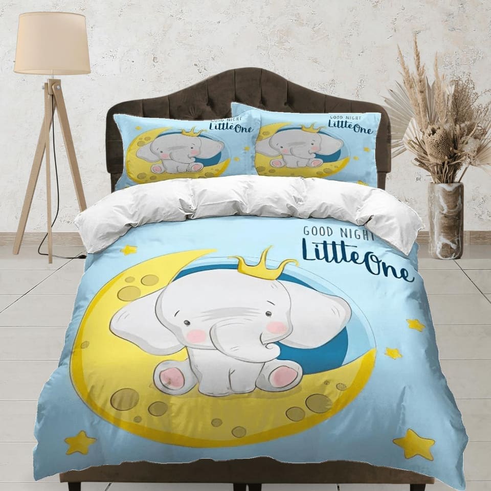 Elephant in crescent moon bedding cute duvet cover set, kids bedding full, nursery bed decor, elephant baby shower, toddle…